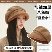 贝雷帽女秋冬大头围显脸小加绒保暖日系鸭舌帽素颜毛绒堆堆渔夫帽